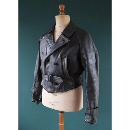 Vintage 1950s Italian black cropped leather jacket - motorcycle blouson - half belt - 45” chest