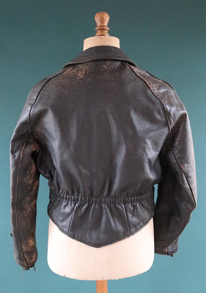 Vintage 1950s Italian black cropped leather jacket - motorcycle blouson - half belt - 45” chest