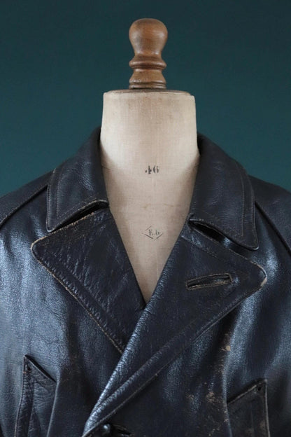 Vintage 1950s Italian black cropped leather jacket - motorcycle blouson - half belt - 45” chest