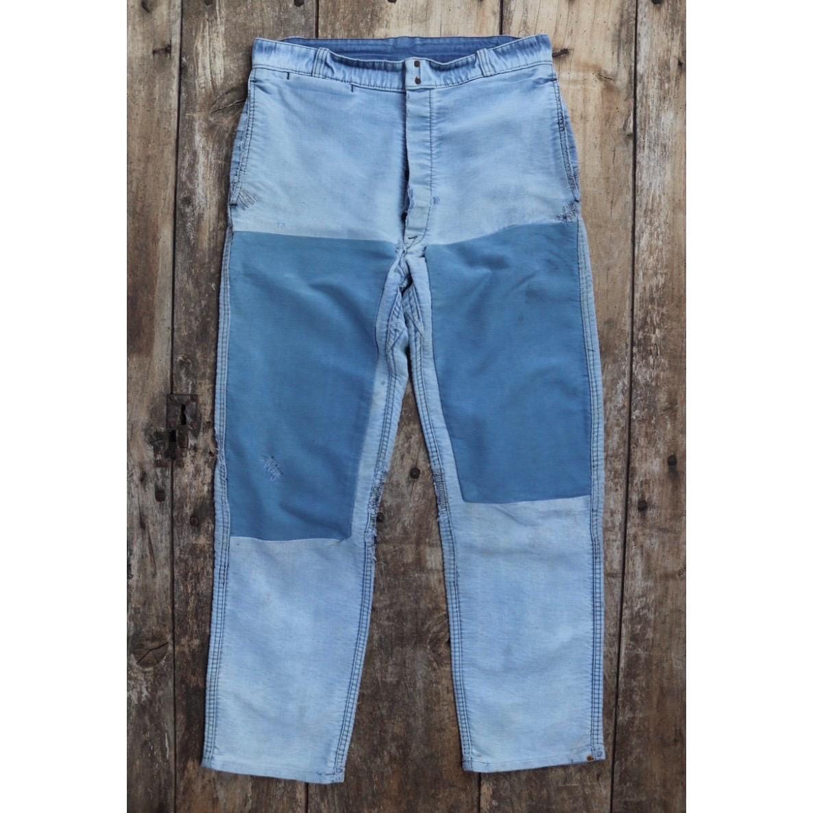 Vintage 1950s French workwear trousers - Le Mont St Michel chore pants - blue moleskin - darned and repaired - 31” x 28”
