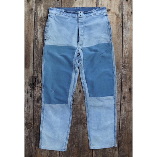 Vintage 1950s French workwear trousers - Le Mont St Michel chore pants - blue moleskin - darned and repaired - 31” x 28”