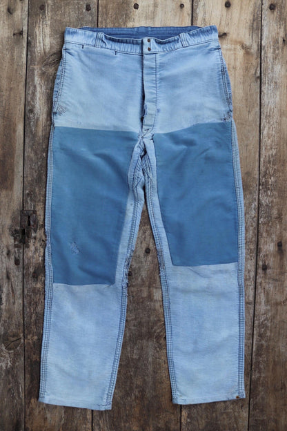 Vintage 1950s French workwear trousers - Le Mont St Michel chore pants - blue moleskin - darned and repaired - 31” x 28”