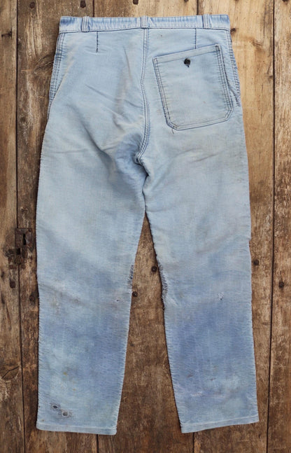Vintage 1950s French workwear trousers - Le Mont St Michel chore pants - blue moleskin - darned and repaired - 31” x 28”