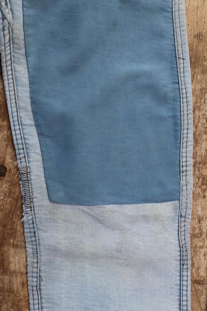 Vintage 1950s French workwear trousers - Le Mont St Michel chore pants - blue moleskin - darned and repaired - 31” x 28”