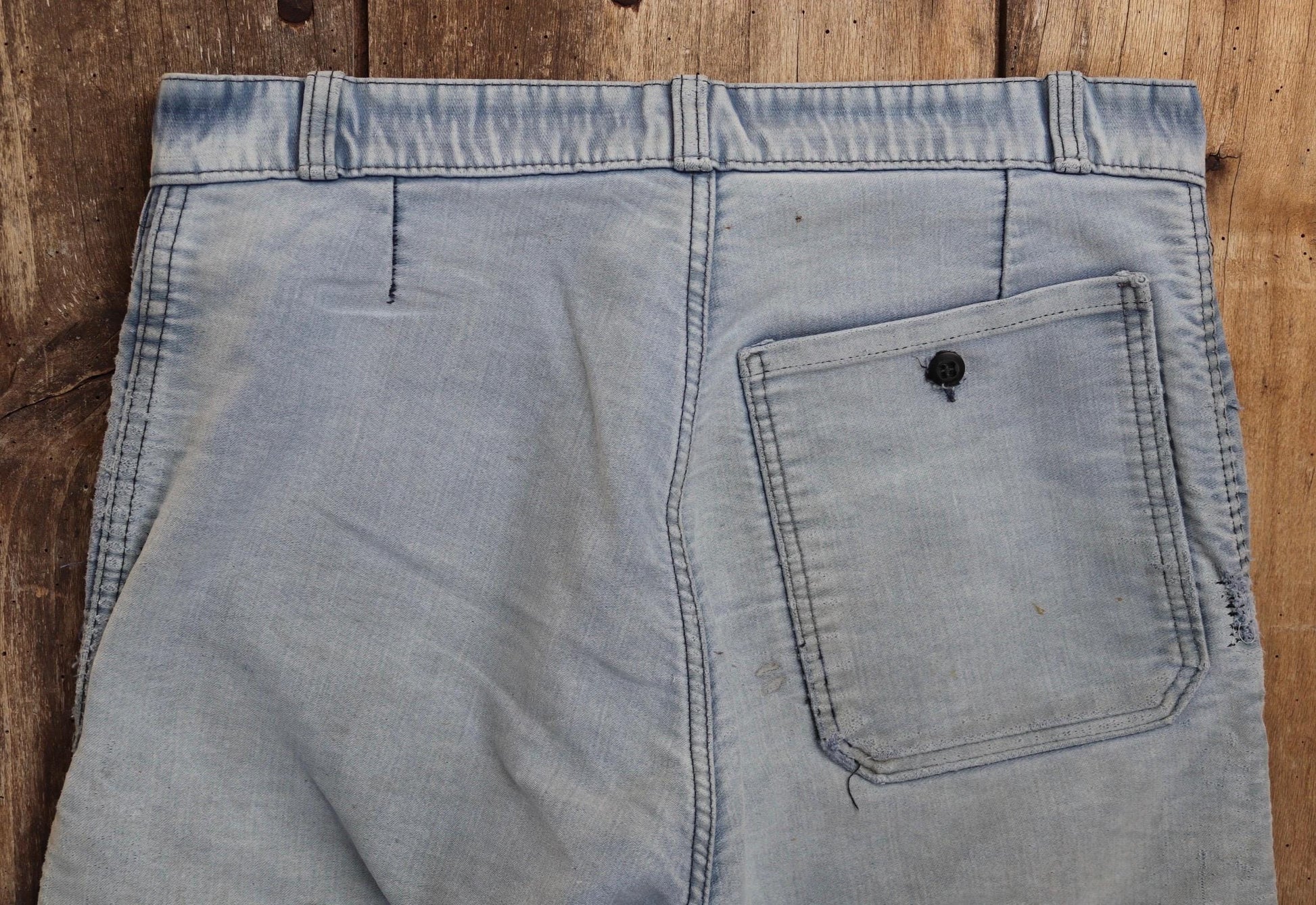 Vintage 1950s French workwear trousers - Le Mont St Michel chore pants - blue moleskin - darned and repaired - 31” x 28”