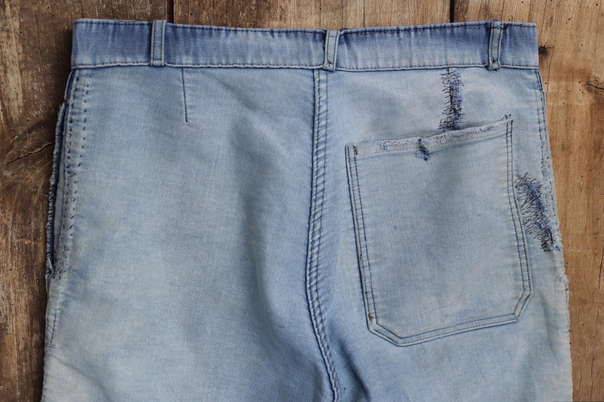 Vintage 1950s French workwear trousers - Le Mont St Michel chore pants - blue moleskin - darned and repaired - 31” x 25”