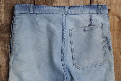 Vintage 1950s French workwear trousers - Le Mont St Michel chore pants - blue moleskin - darned and repaired - 31” x 25”