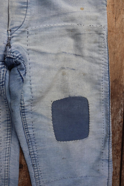 Vintage 1950s French workwear trousers - Le Mont St Michel chore pants - blue moleskin - darned and repaired - 31” x 25”