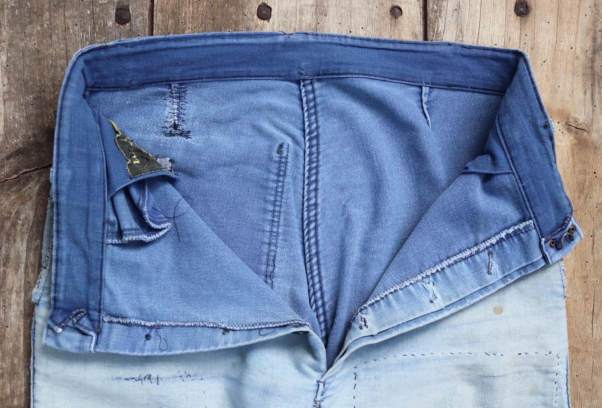 Vintage 1950s French workwear trousers - Le Mont St Michel chore pants - blue moleskin - darned and repaired - 31” x 25”