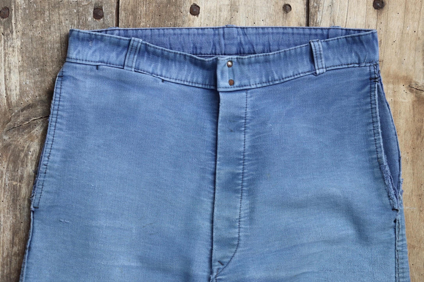 Vintage 1950s French workwear trousers - Le Mont St Michel chore pants - blue moleskin - darned and repaired - 31” x 27”