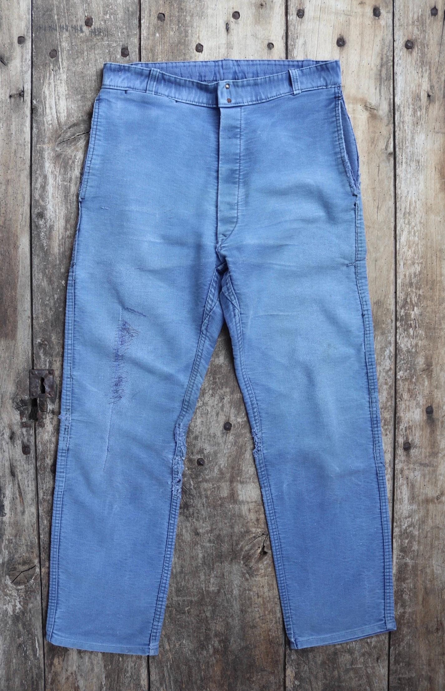 Vintage 1950s French workwear trousers - Le Mont St Michel chore pants - blue moleskin - darned and repaired - 31” x 27”