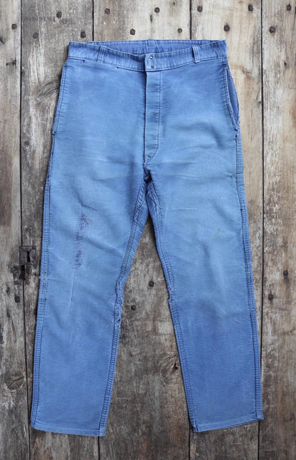 Vintage 1950s French workwear trousers - Le Mont St Michel chore pants - blue moleskin - darned and repaired - 31” x 27”