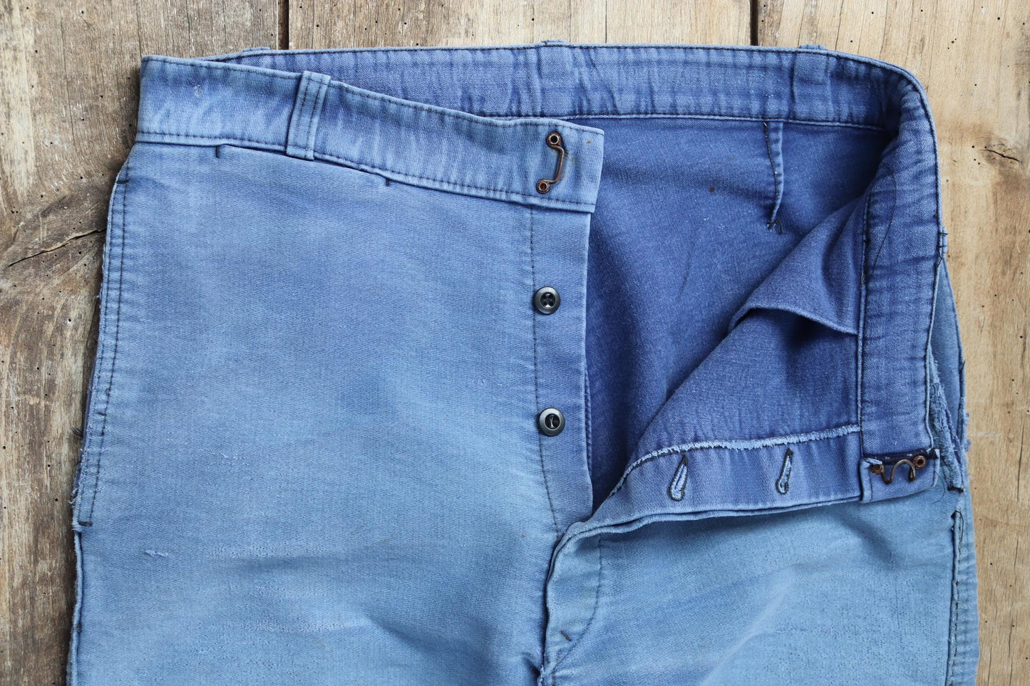 Vintage 1950s French workwear trousers - Le Mont St Michel chore pants - blue moleskin - darned and repaired - 31” x 27”