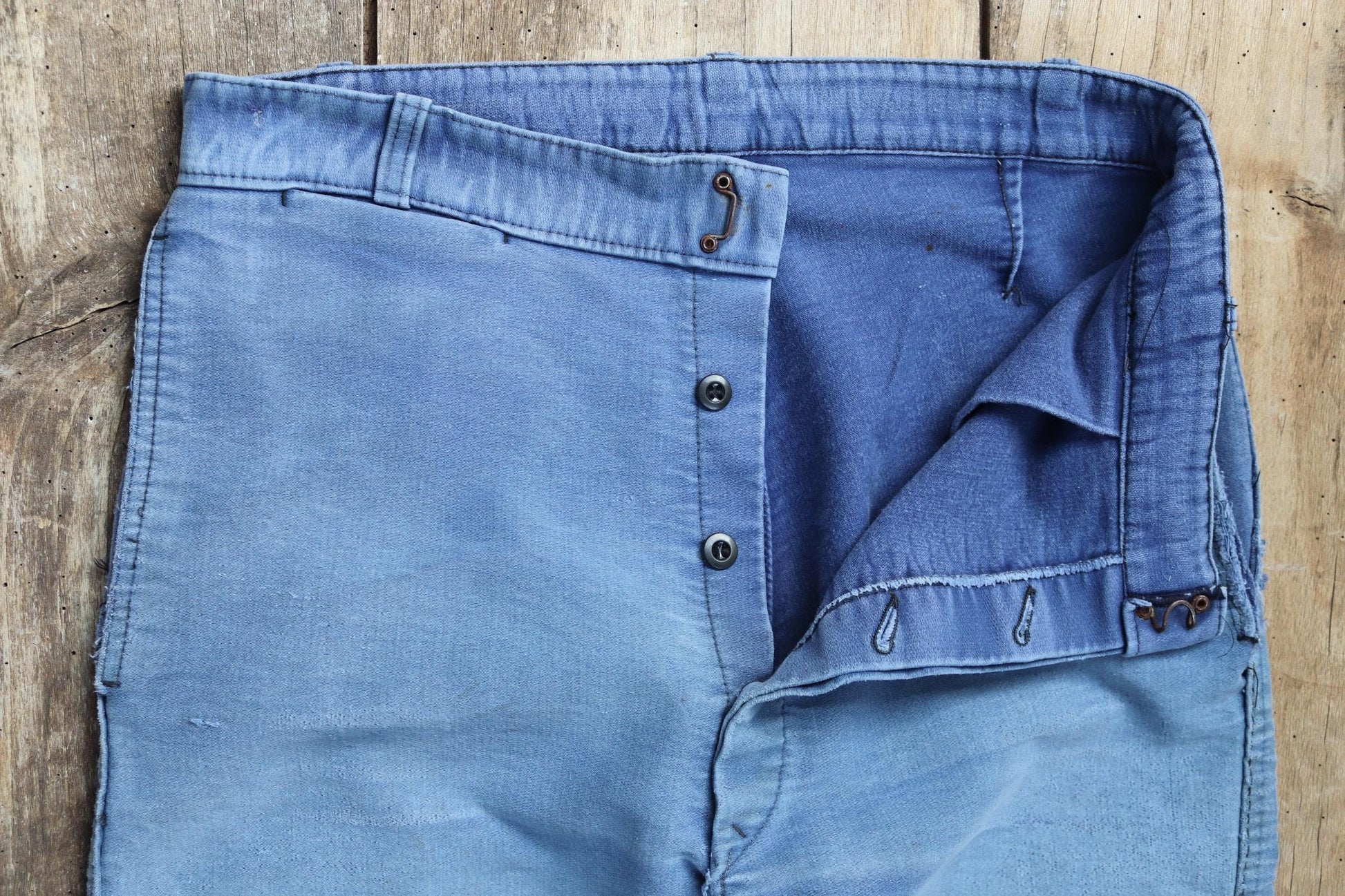 Vintage 1950s French workwear trousers - Le Mont St Michel chore pants - blue moleskin - darned and repaired - 31” x 27”
