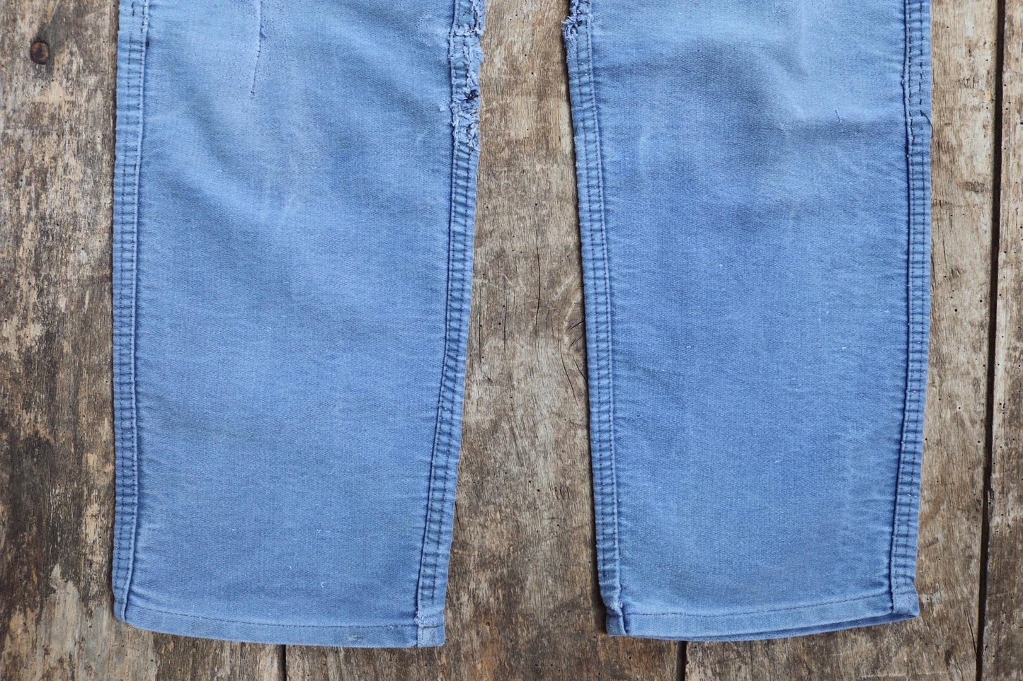 Vintage 1950s French workwear trousers - Le Mont St Michel chore pants - blue moleskin - darned and repaired - 31” x 27”