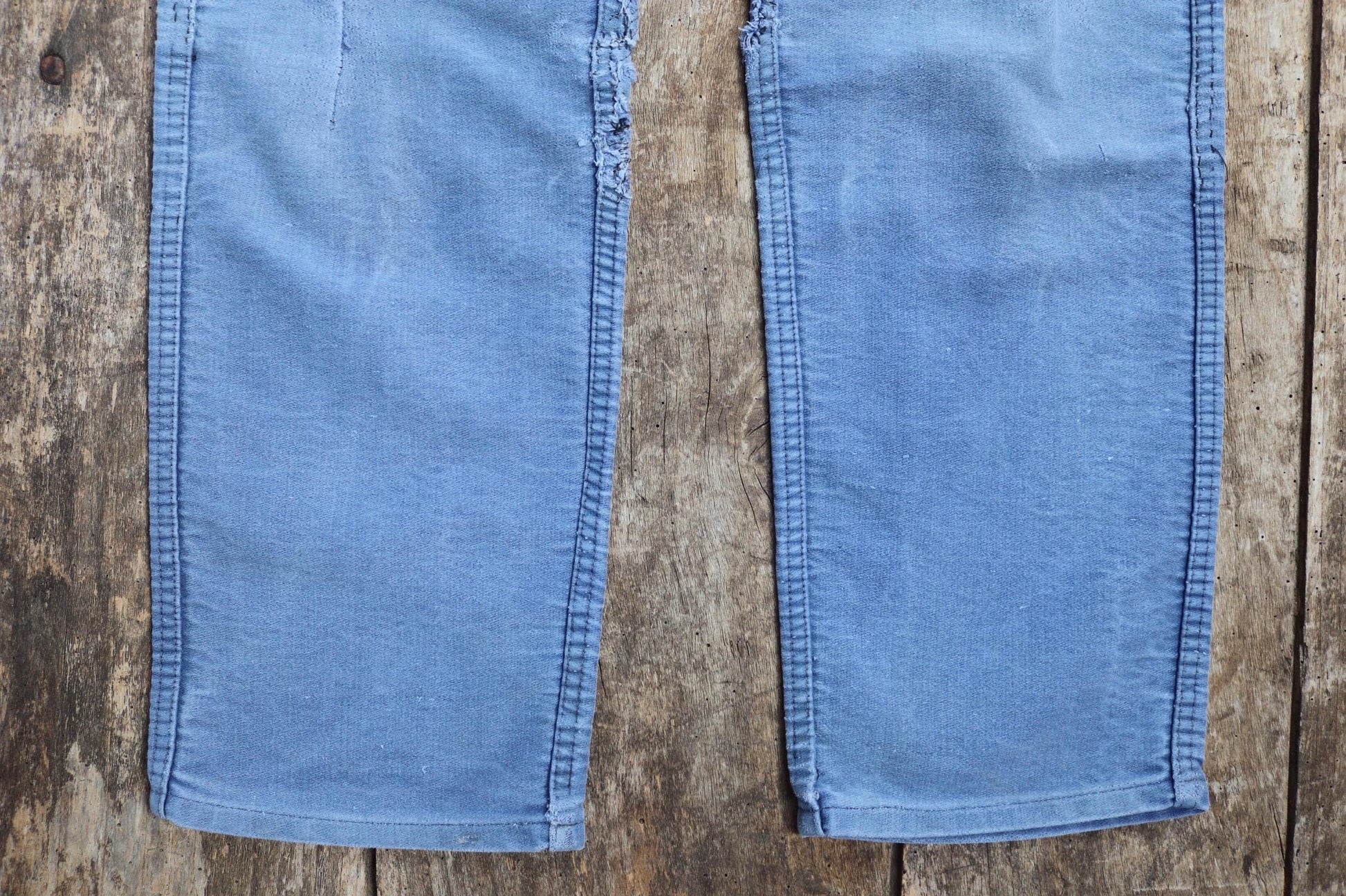 Vintage 1950s French workwear trousers - Le Mont St Michel chore pants - blue moleskin - darned and repaired - 31” x 27”