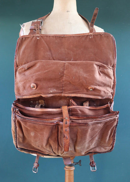 Vintage 1940s Swedish army medical bag - WW2 military shoulder bag - brown canvas leather cross body