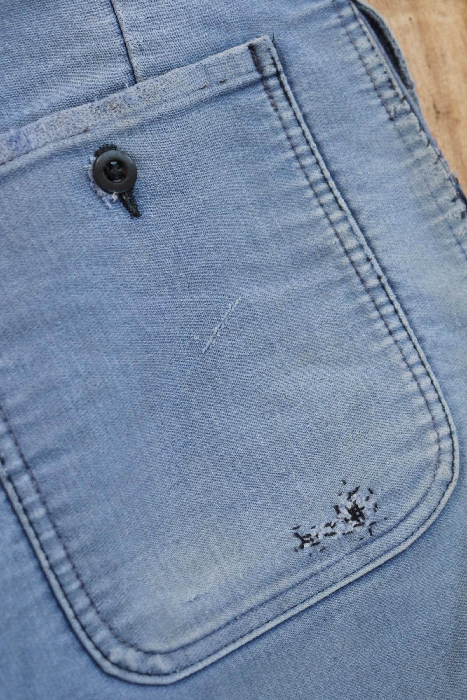 Vintage 1950s French workwear trousers - Le Mont St Michel chore pants - blue moleskin - darned and repaired - 31” x 24”