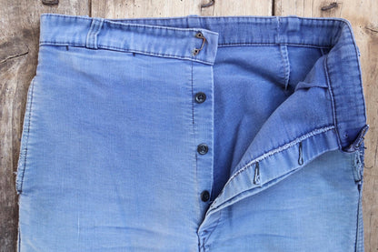 Vintage 1950s French workwear trousers - Le Mont St Michel chore pants - blue moleskin - darned and repaired - 31” x 24”