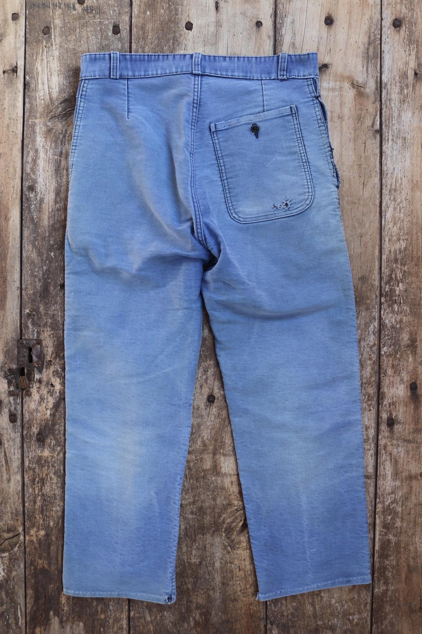 Vintage 1950s French workwear trousers - Le Mont St Michel chore pants - blue moleskin - darned and repaired - 31” x 24”