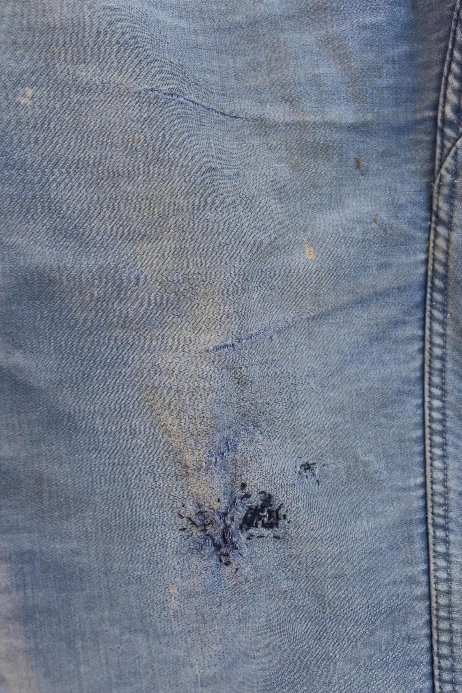 Vintage 1950s French workwear trousers - Le Mont St Michel chore pants - blue moleskin - darned and repaired - 31” x 24”