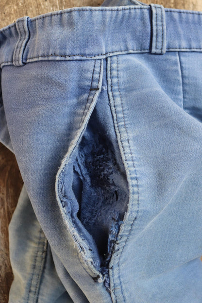 Vintage 1950s French workwear trousers - Le Mont St Michel chore pants - blue moleskin - darned and repaired - 31” x 24”