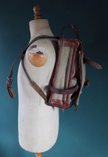 Antique WW1 Swedish military rucksack - linen and leather backpack - 1910s bag