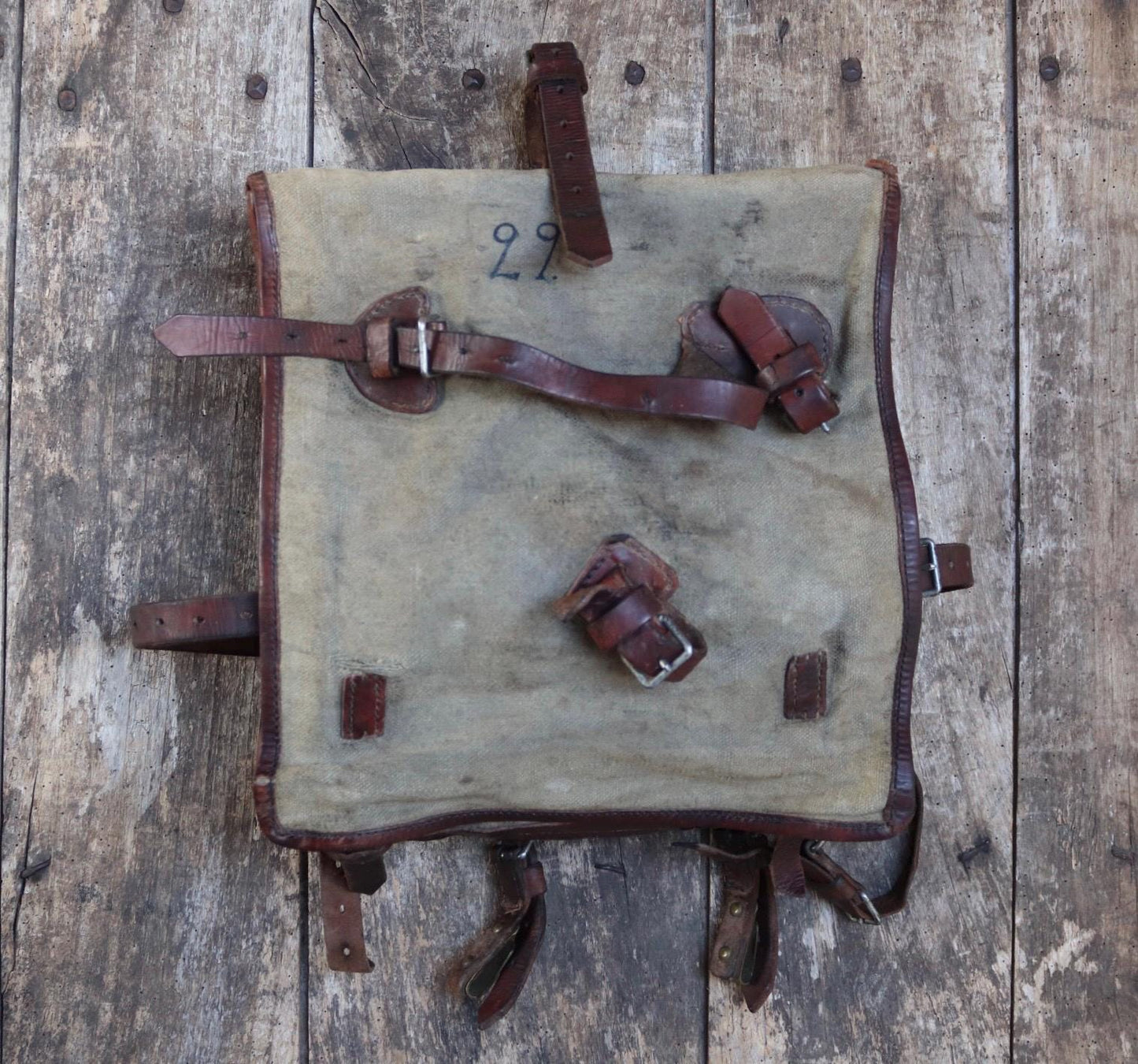 Antique WW1 Swedish military rucksack - linen and leather backpack - 1910s bag