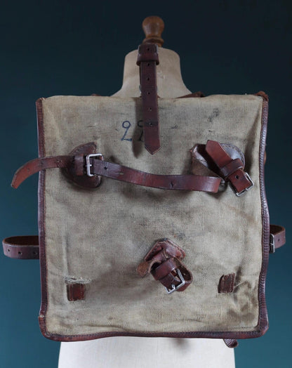 Antique WW1 Swedish military rucksack - linen and leather backpack - 1910s bag