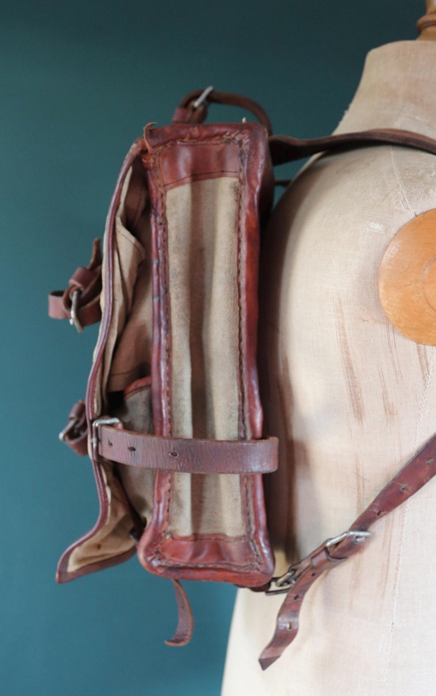 Antique WW1 Swedish military rucksack - linen and leather backpack - 1910s bag