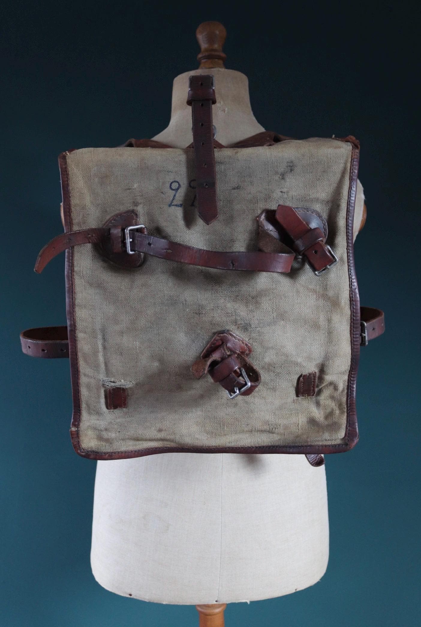 Antique WW1 Swedish military rucksack - linen and leather backpack - 1910s bag