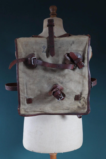 Antique WW1 Swedish military rucksack - linen and leather backpack - 1910s bag