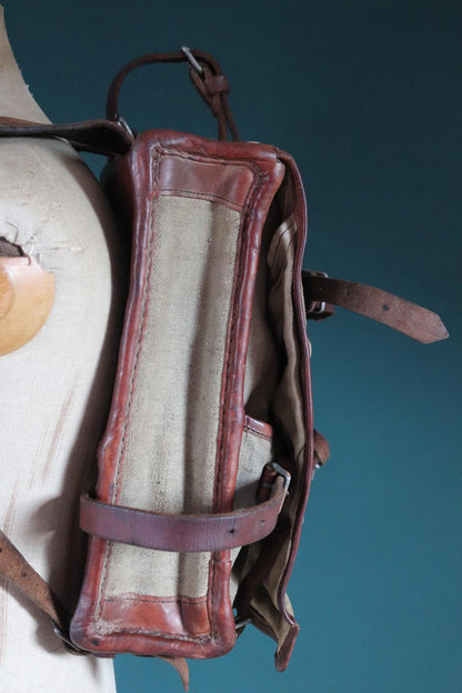 Antique WW1 Swedish military rucksack - linen and leather backpack - 1910s bag