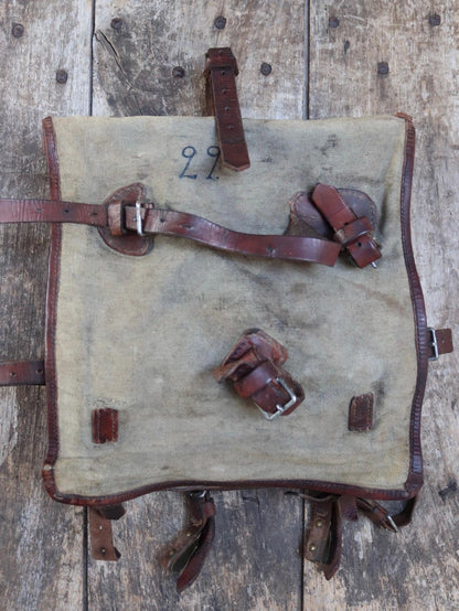 Antique WW1 Swedish military rucksack - linen and leather backpack - 1910s bag