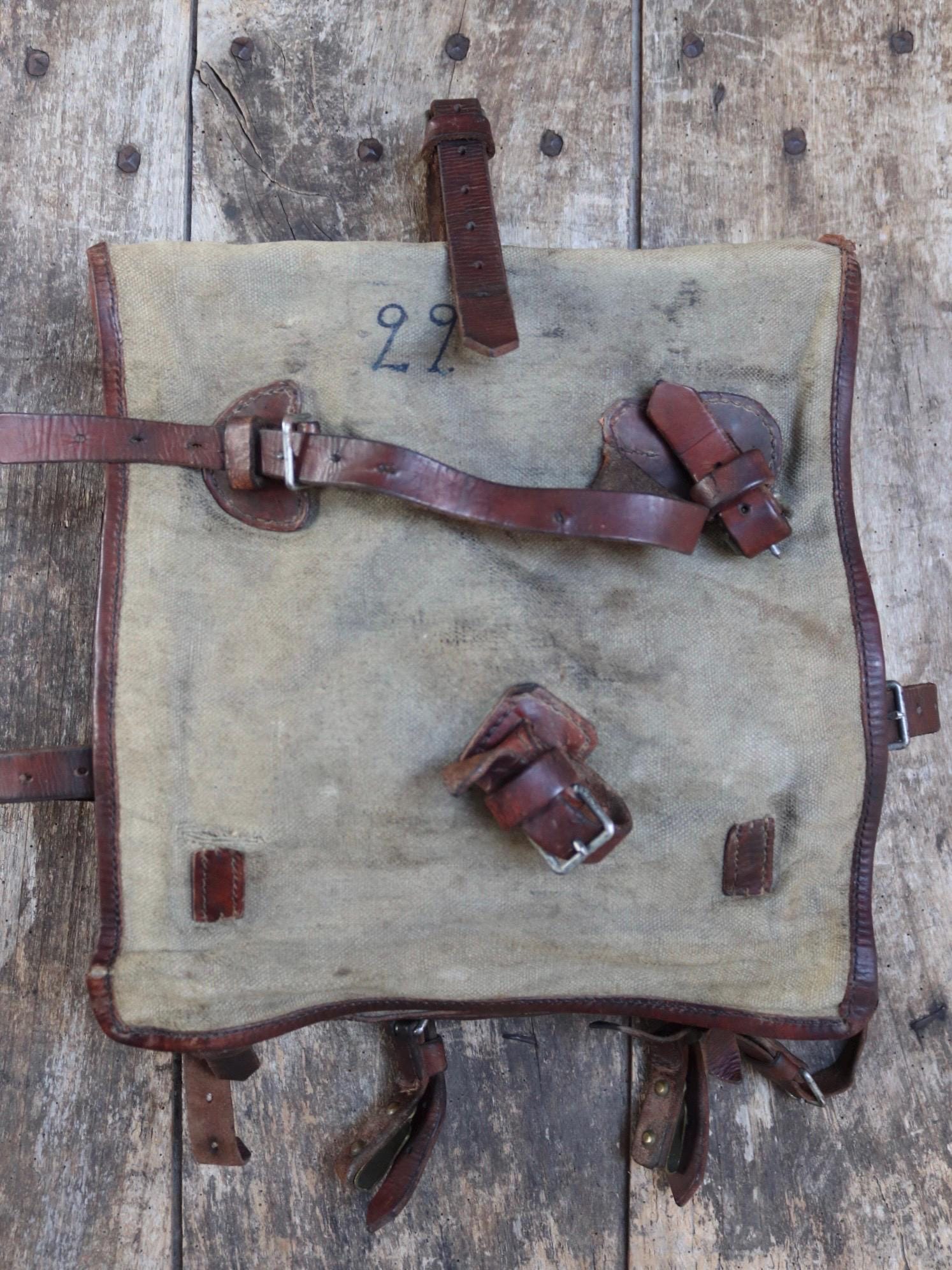 Antique WW1 Swedish military rucksack - linen and leather backpack - 1910s bag