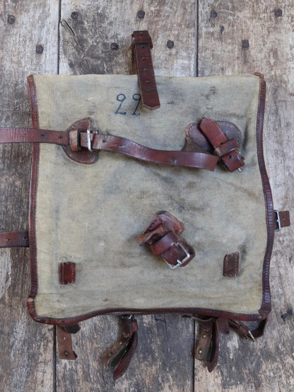 Antique WW1 Swedish military rucksack - linen and leather backpack - 1910s bag
