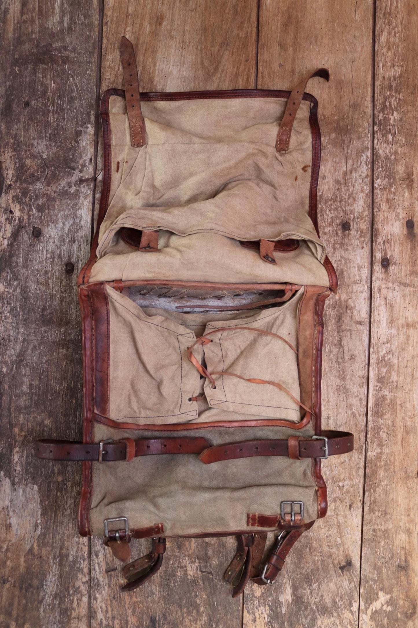 Antique WW1 Swedish military rucksack - linen and leather backpack - 1910s bag