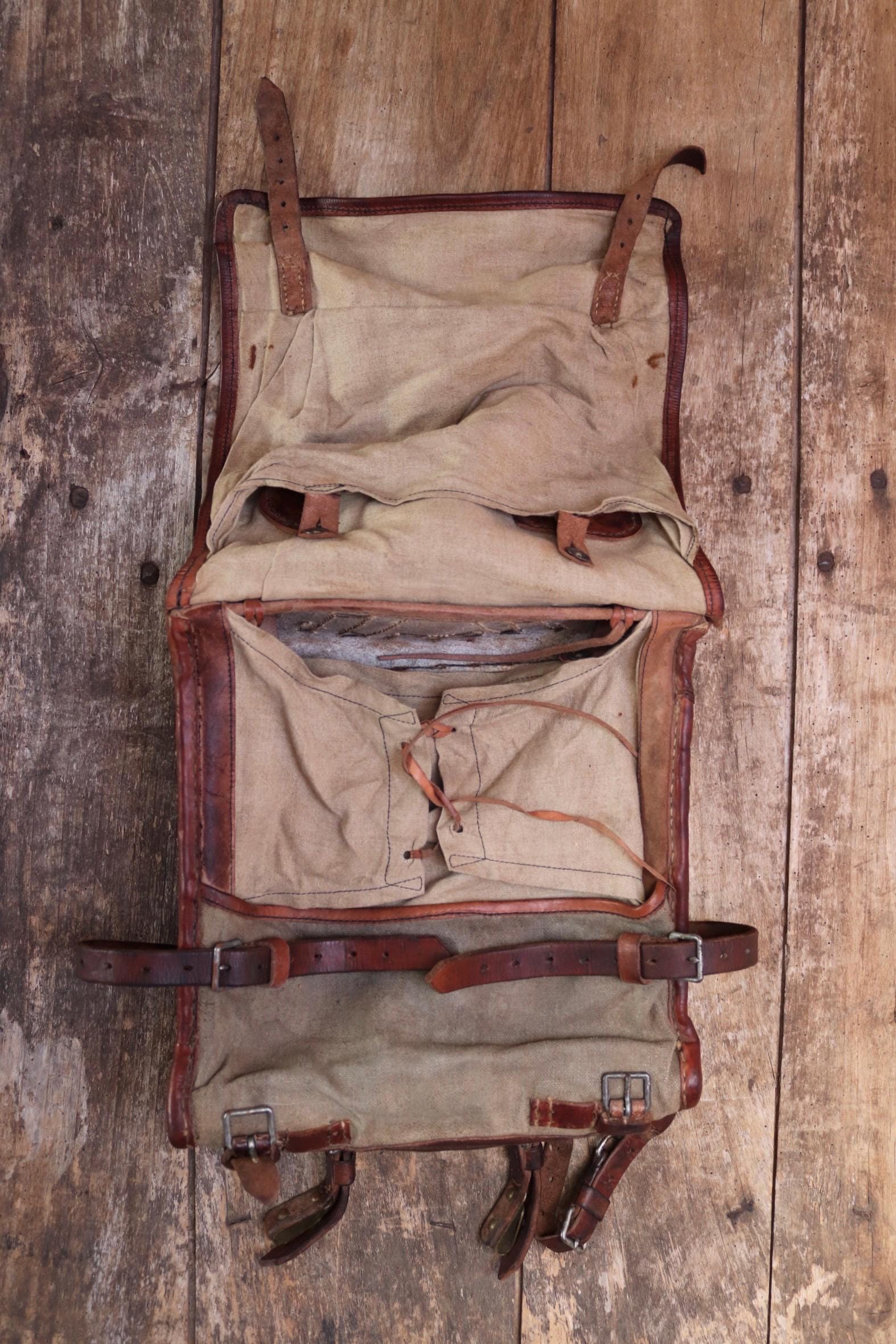 Antique WW1 Swedish military rucksack - linen and leather backpack - 1910s bag