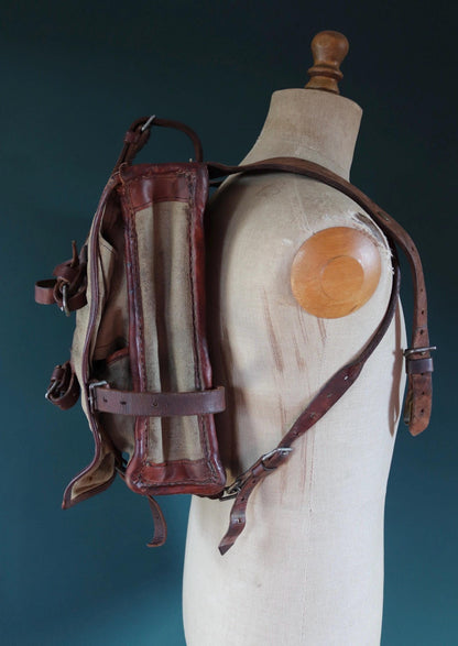 Antique WW1 Swedish military rucksack - linen and leather backpack - 1910s bag
