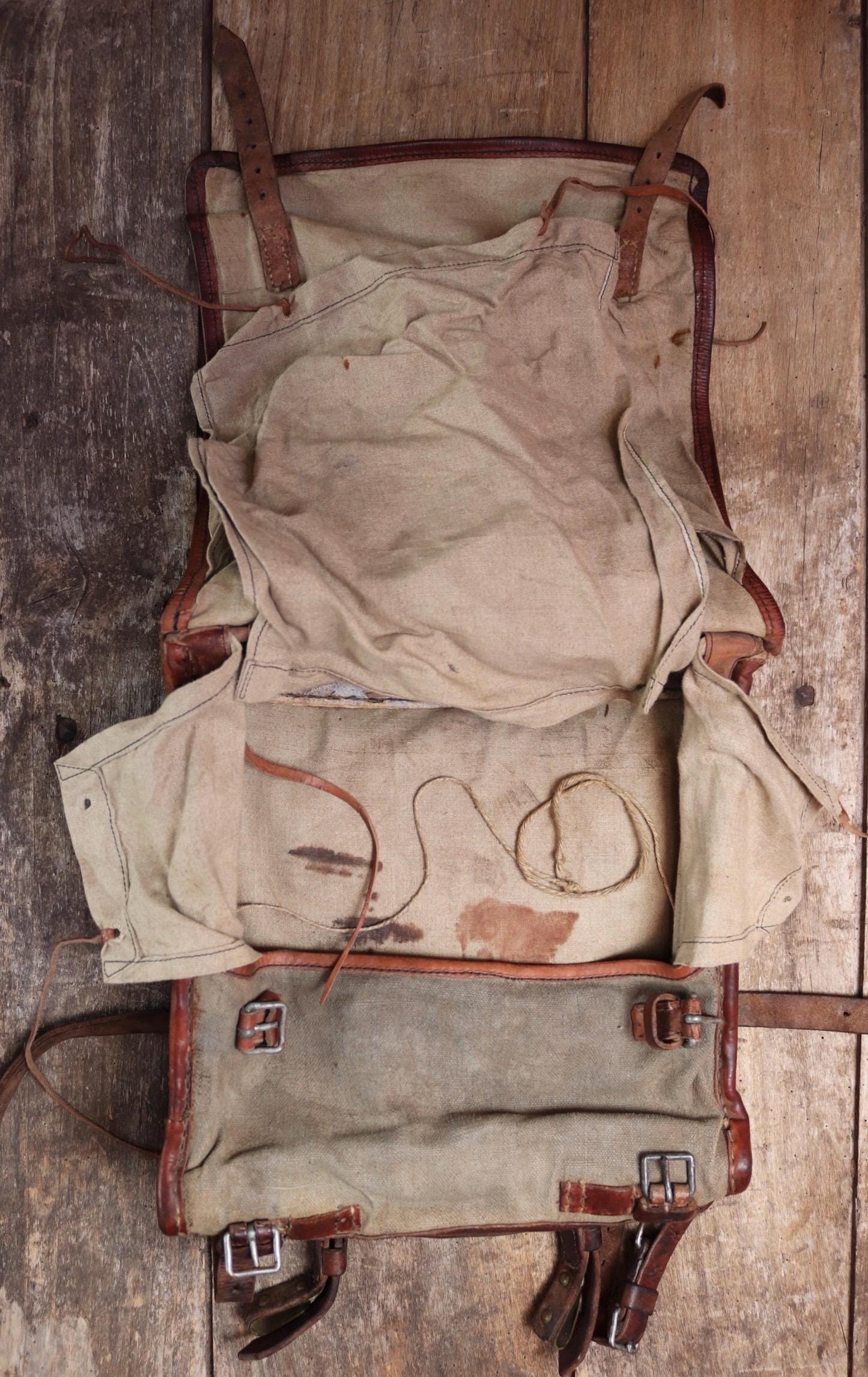 Antique WW1 Swedish military rucksack - linen and leather backpack - 1910s bag