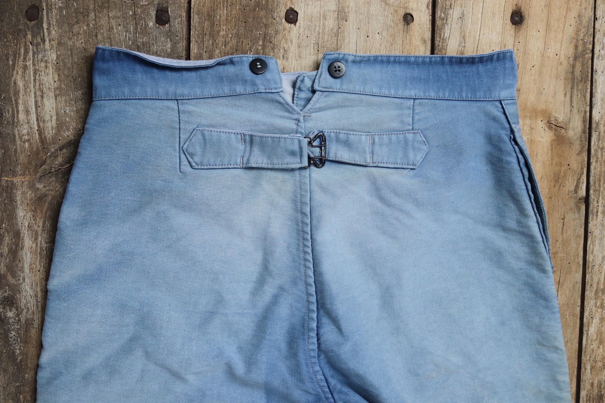 Vintage 1940s French workwear trousers - blue moleskin chore pants - buckle back - darned and repaired - 33” x 25”
