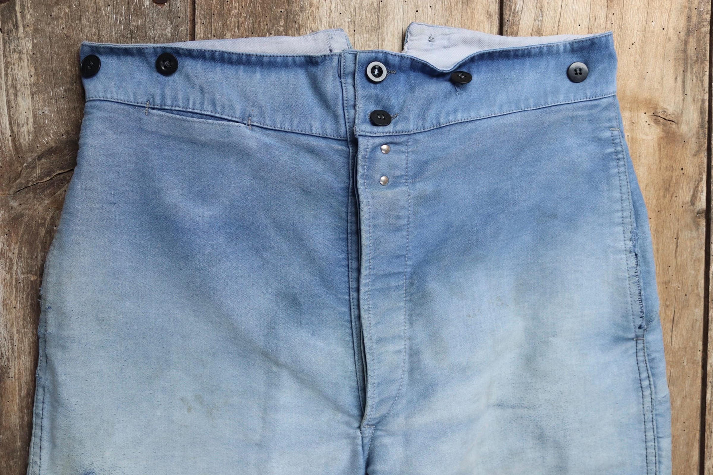 Vintage 1940s French workwear trousers - blue moleskin chore pants - buckle back - darned and repaired - 33” x 25”