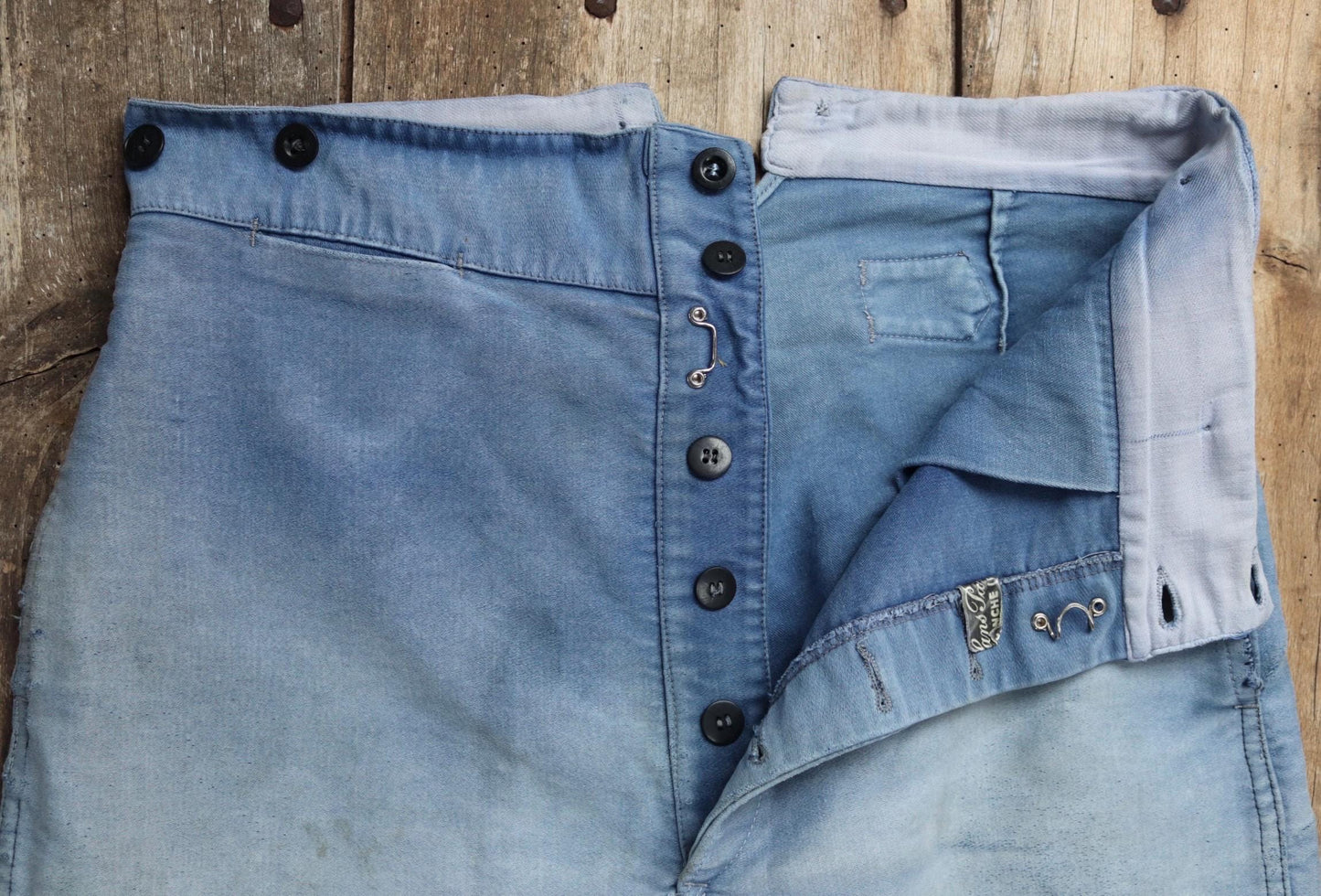 Vintage 1940s French workwear trousers - blue moleskin chore pants - buckle back - darned and repaired - 33” x 25”