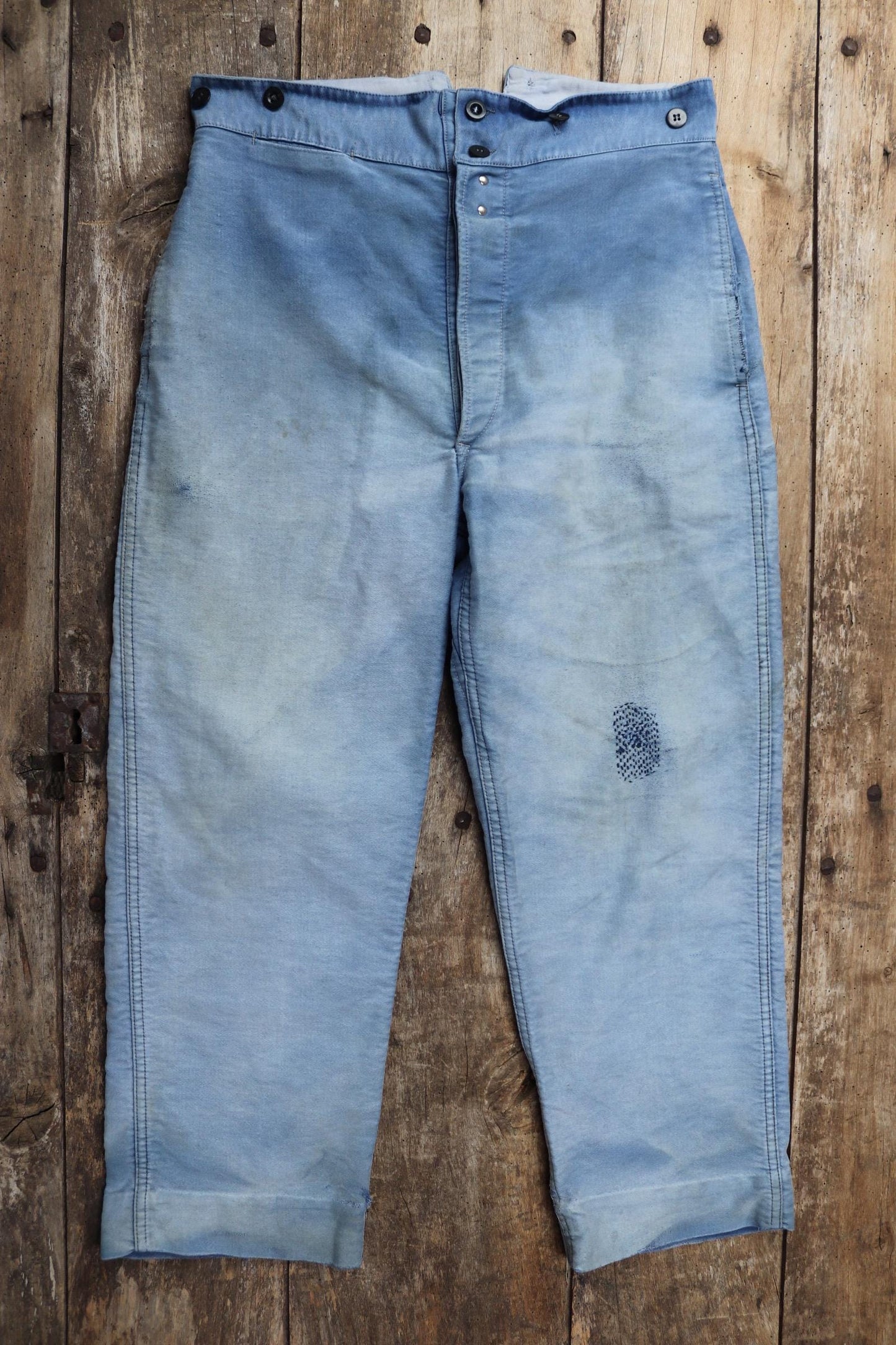 Vintage 1940s French workwear trousers - blue moleskin chore pants - buckle back - darned and repaired - 33” x 25”