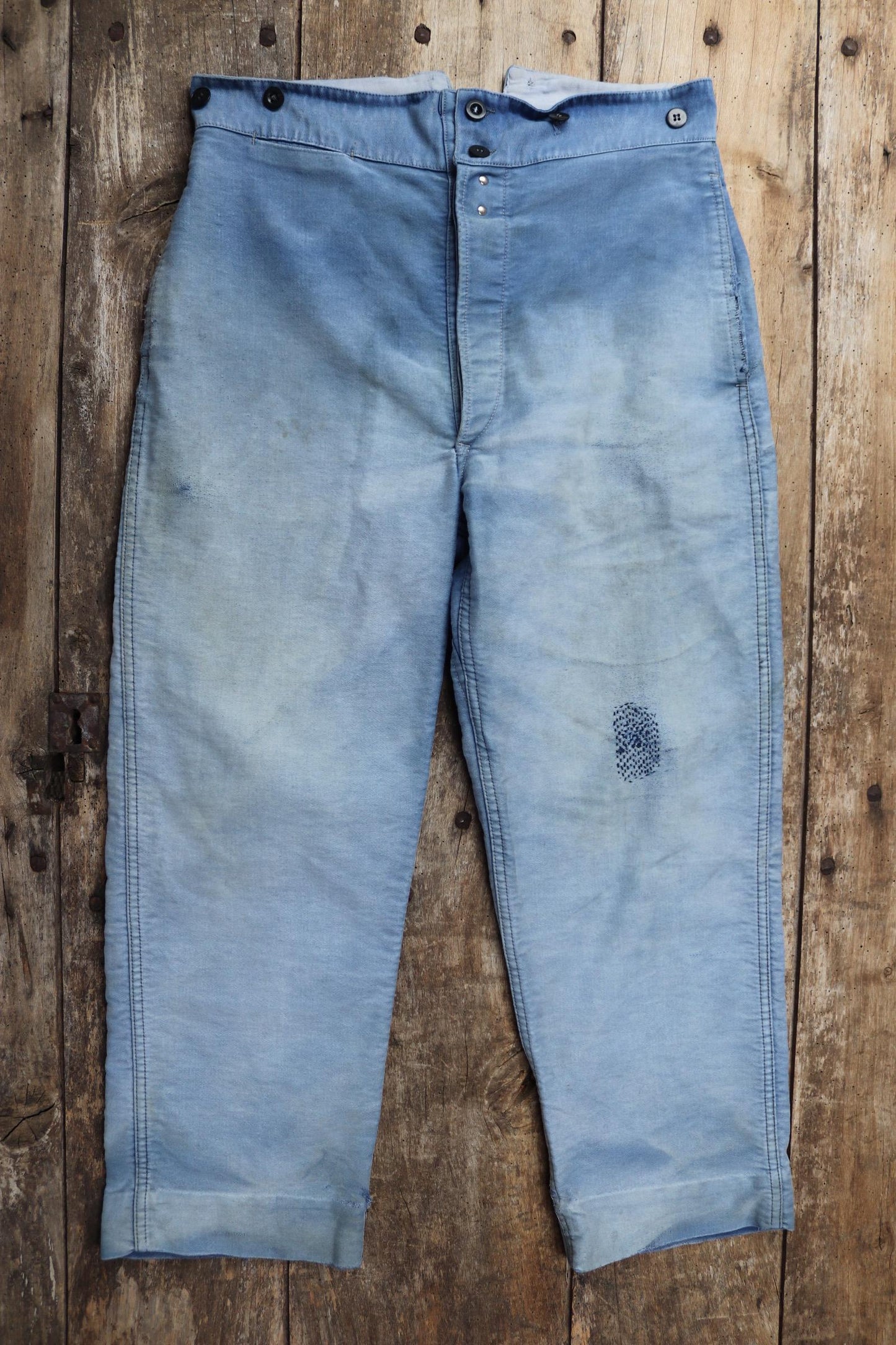 Vintage 1940s French workwear trousers - blue moleskin chore pants - buckle back - darned and repaired - 33” x 25”