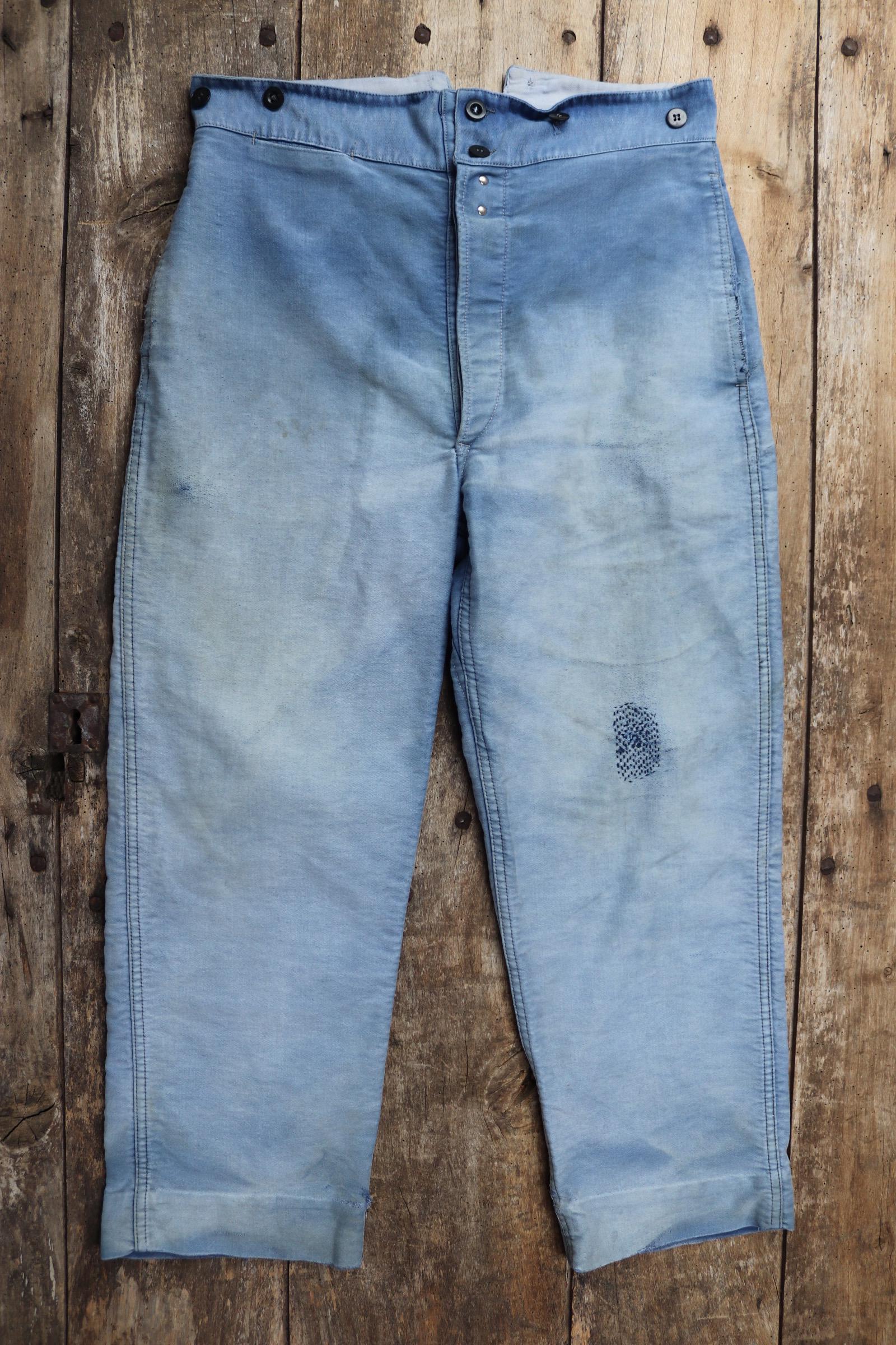 Vintage 1940s French workwear trousers - blue moleskin chore pants - buckle back - darned and repaired - 33” x 25”