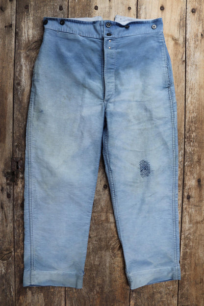 Vintage 1940s French workwear trousers - blue moleskin chore pants - buckle back - darned and repaired - 33” x 25”