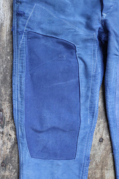 Vintage 1970s French workwear trousers - blue moleskin chore pants - darned and repaired - 32” x 28”