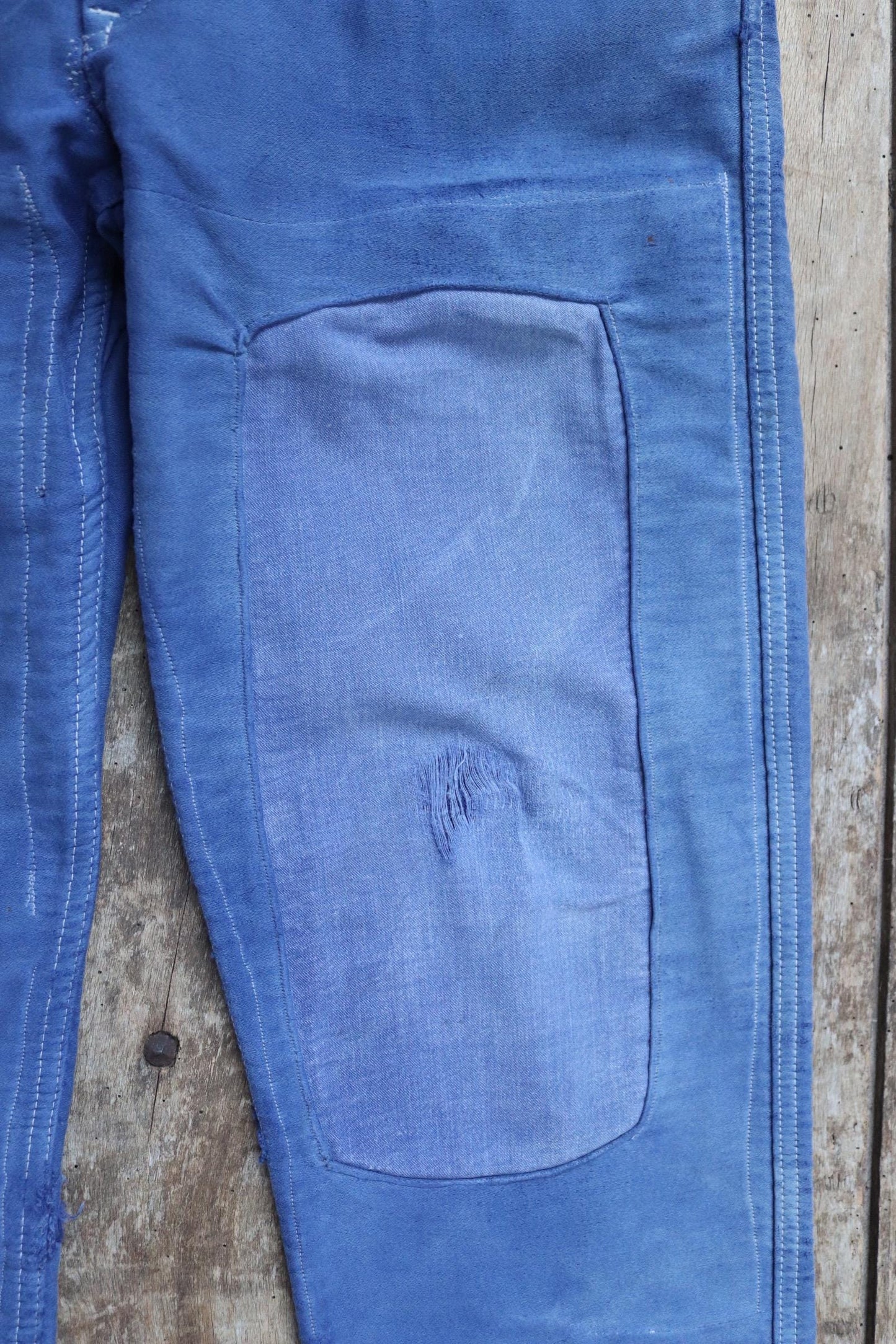 Vintage 1970s French workwear trousers - blue moleskin chore pants - darned and repaired - 32” x 28”