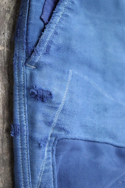 Vintage 1970s French workwear trousers - blue moleskin chore pants - darned and repaired - 32” x 28”